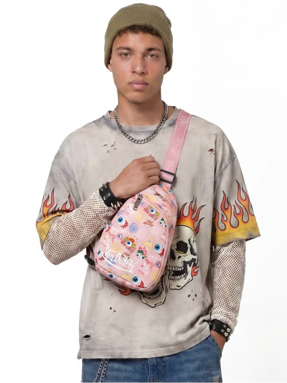 Von Dutch Jax Pink Sling Crossbody Bag All Over Logo Print